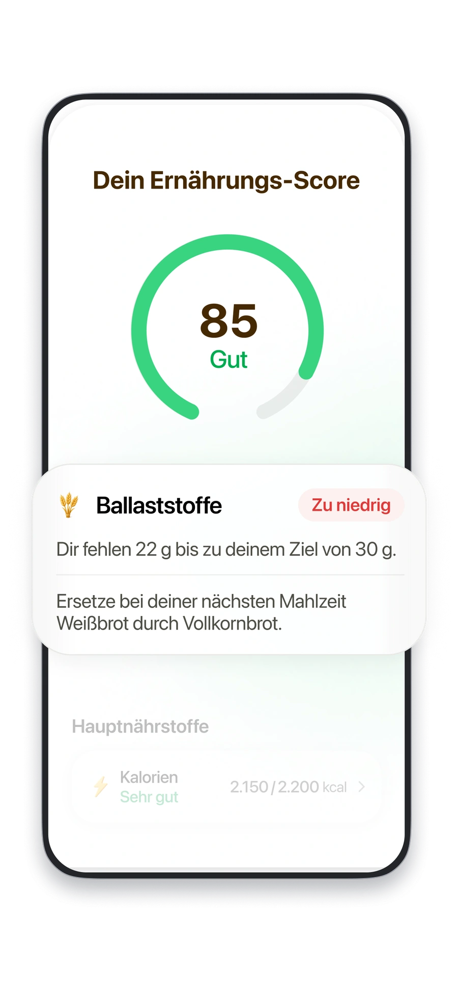 Der Ernährungsscore von Fitia hebt die Ballaststoffzufuhr hervor