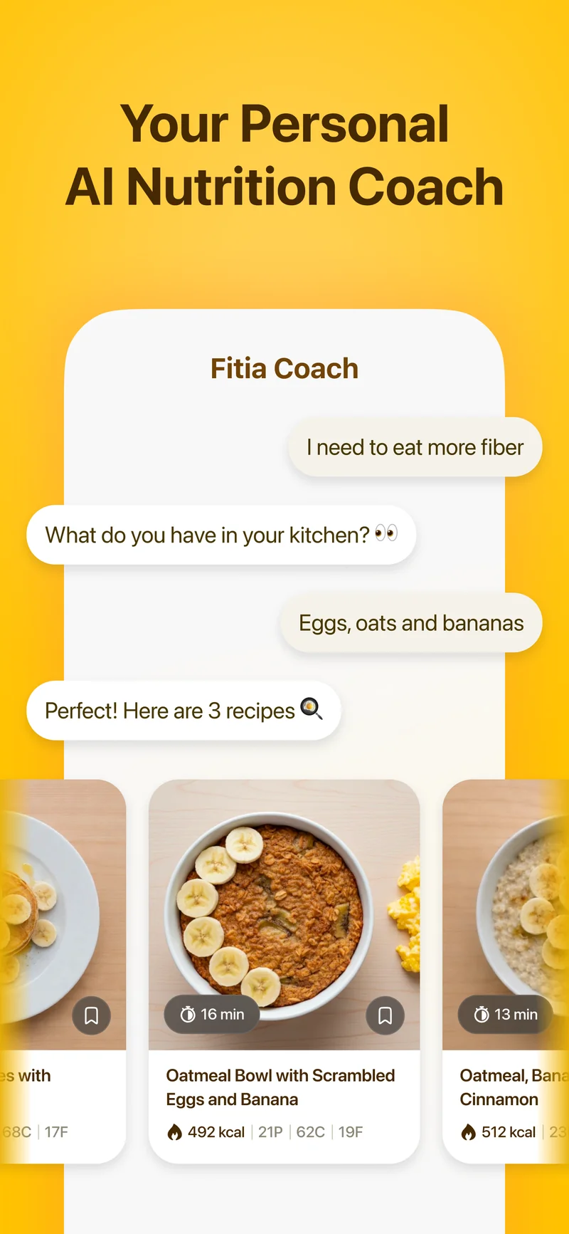 Interface de chat du coach nutritionnel IA de Fitia proposant des recettes personnalisées à partir des ingrédients disponibles en cuisine comme des œufs, des flocons d'avoine et des bananes