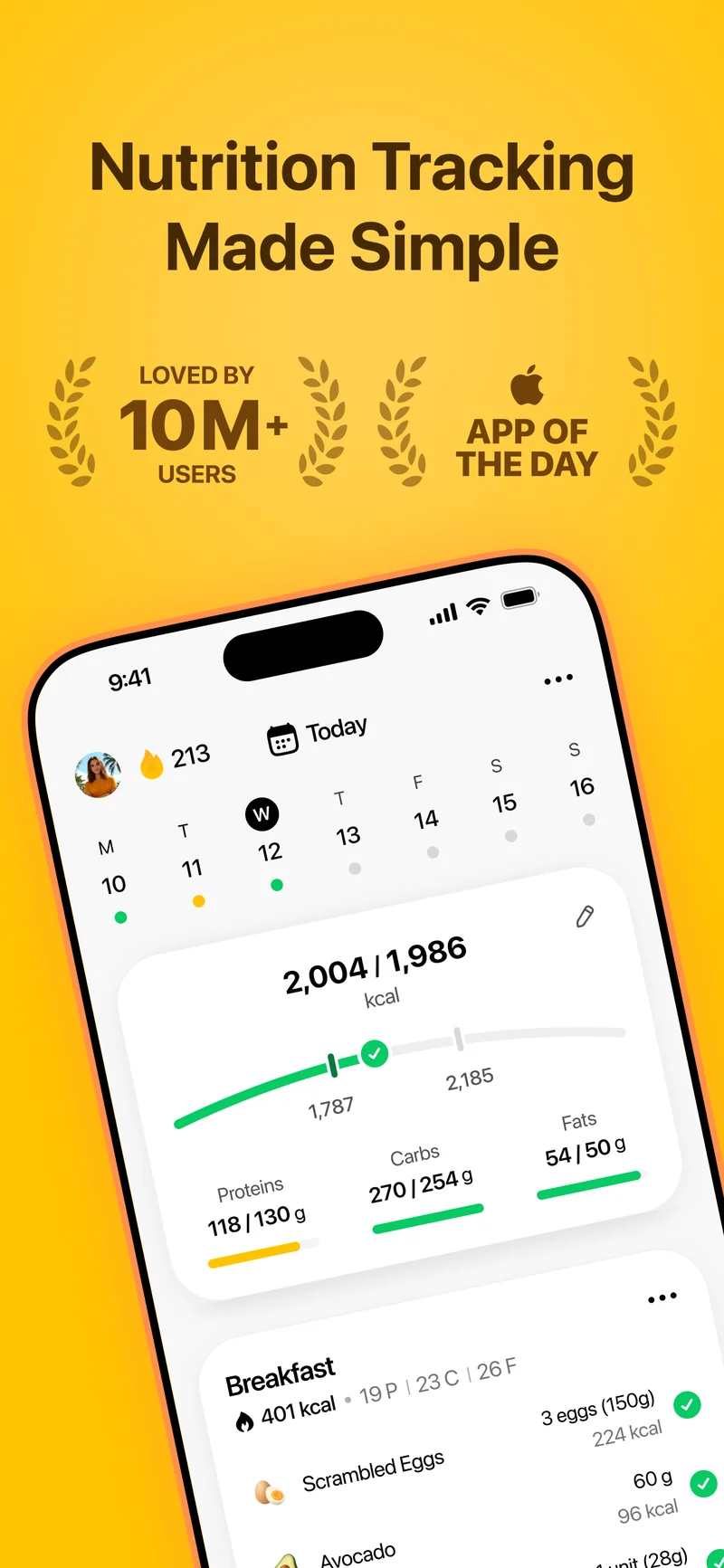 Tableau de bord principal de l'app Fitia montrant le suivi quotidien des calories et des macronutriments, avec le badge 10 M+ d'utilisateurs et la distinction App du jour d'Apple