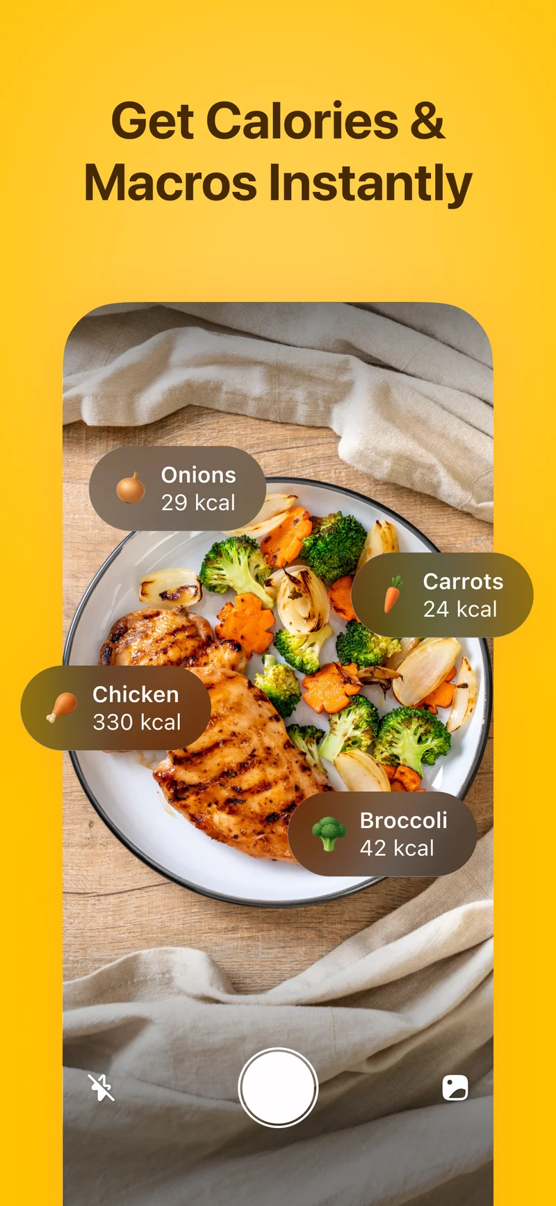Suivi des calories par photo de Fitia identifiant instantanément du poulet, du brocoli, des carottes et des oignons avec leur nombre de calories à partir d'une photo de repas