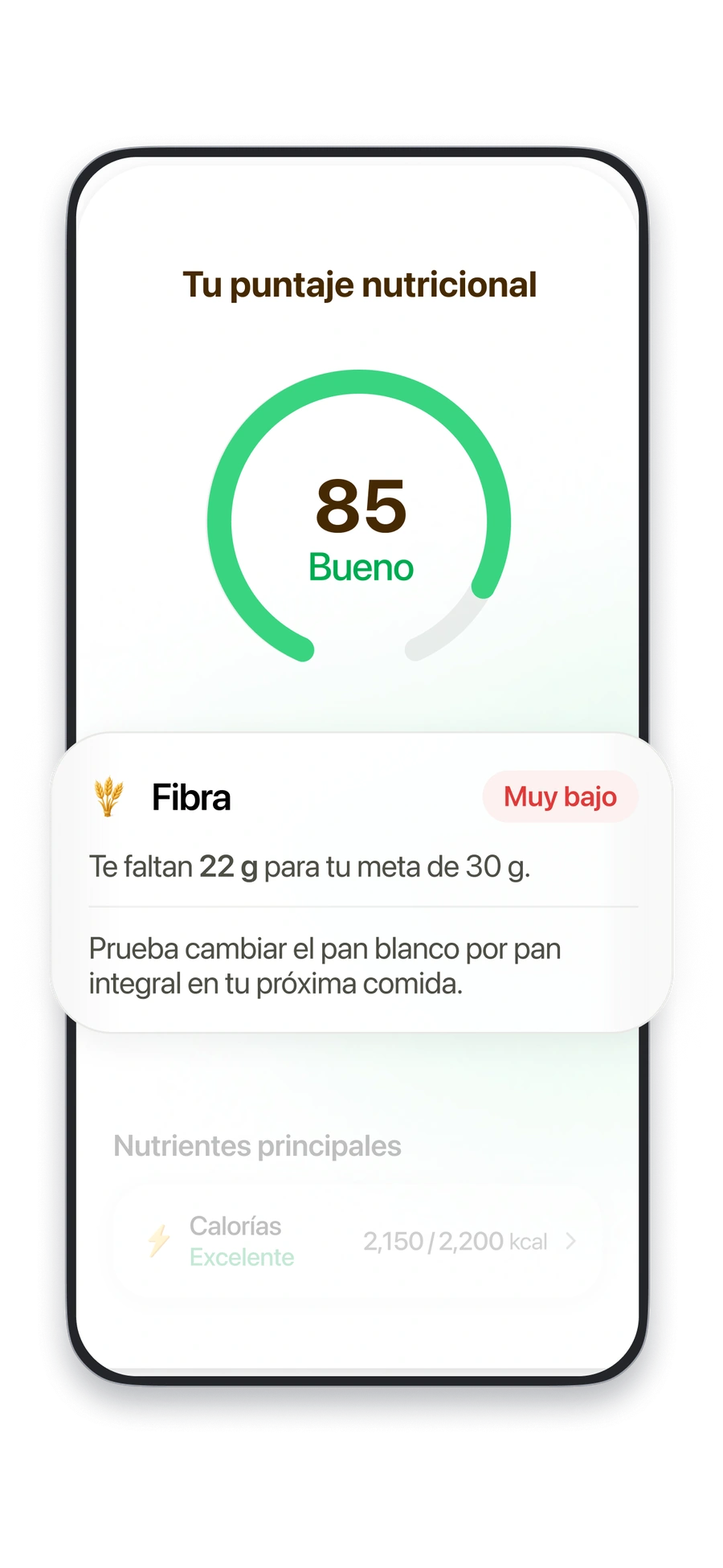 La puntuación nutricional de Fitia muestra el consumo de fibra